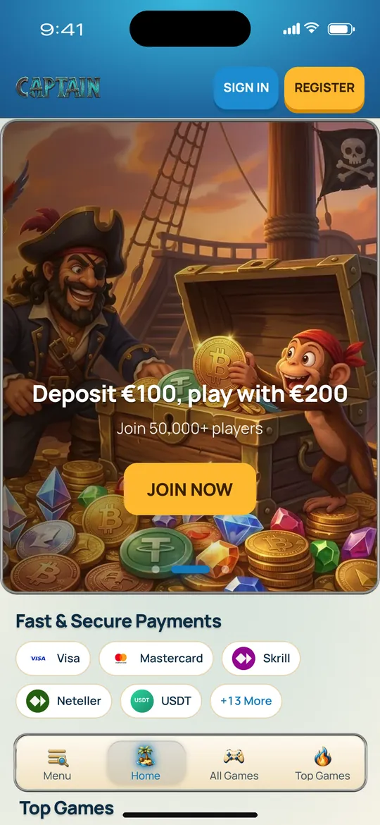 SailSpins casino lobby on an iPhone with the welcome bonus banner and top games